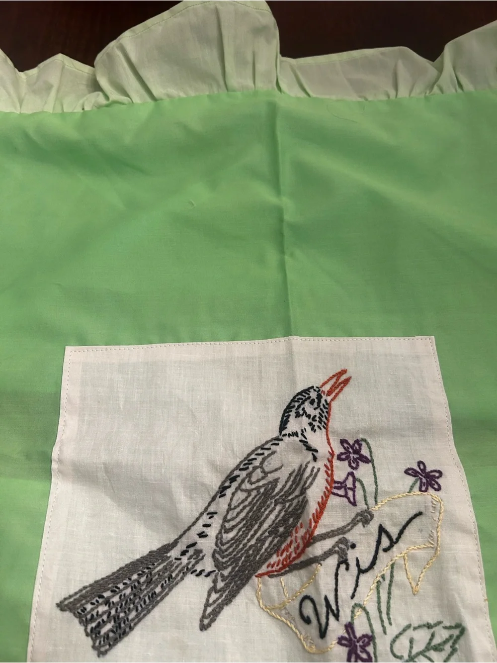 2 Vintage Embroidered Cardinal Pillowcase Shams - Mint Green
